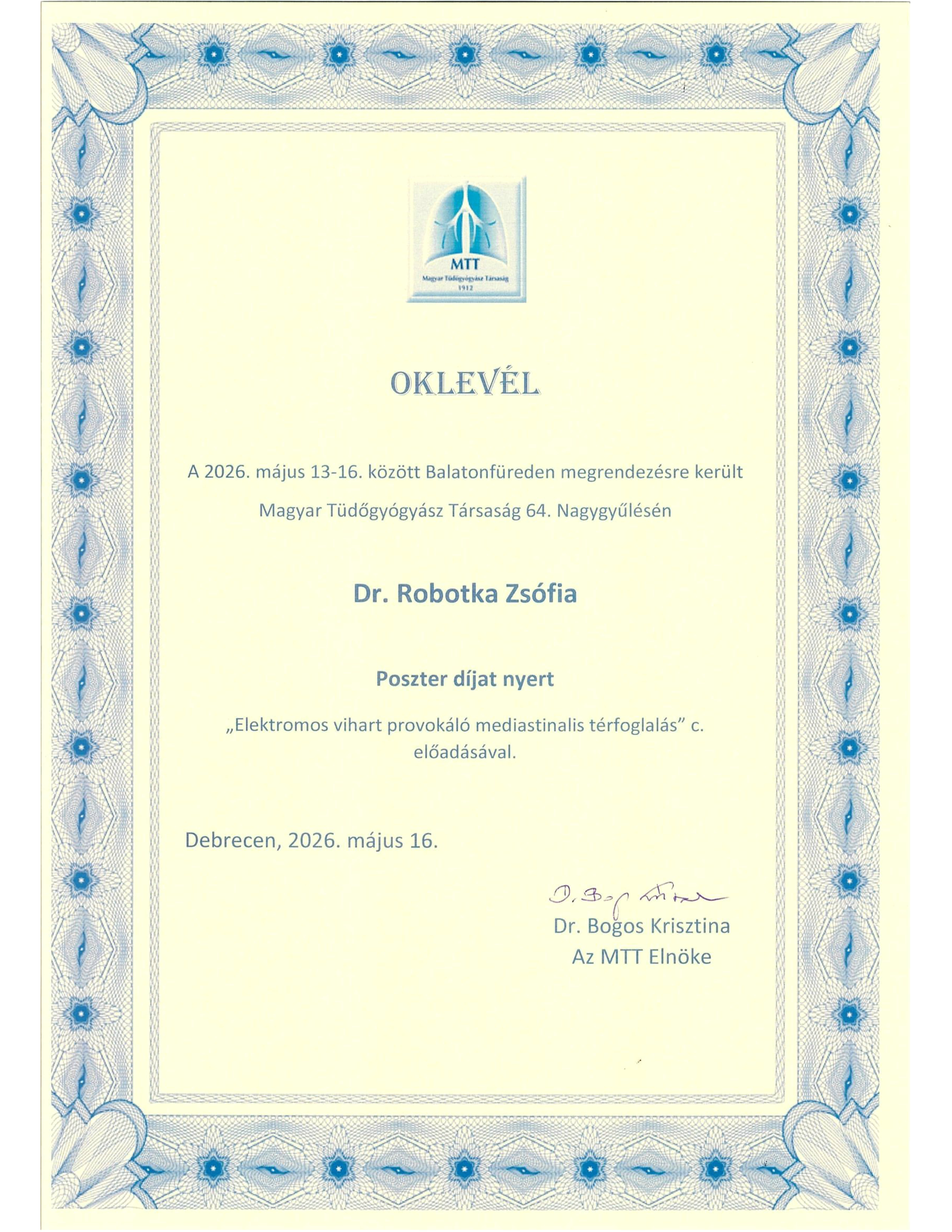 Oklevél - Dr. Robotka Zsófia