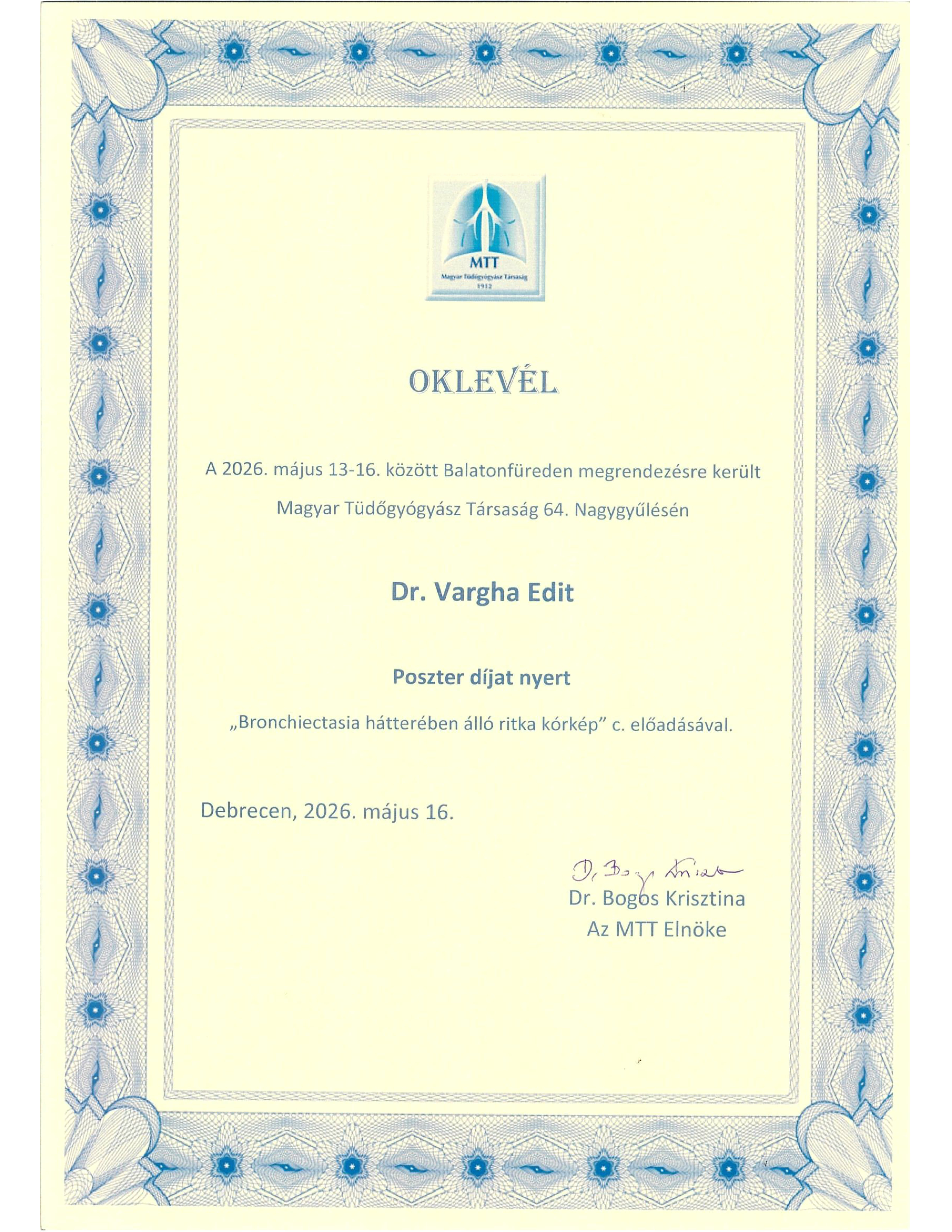 Oklevél - Dr. Vargha Edit