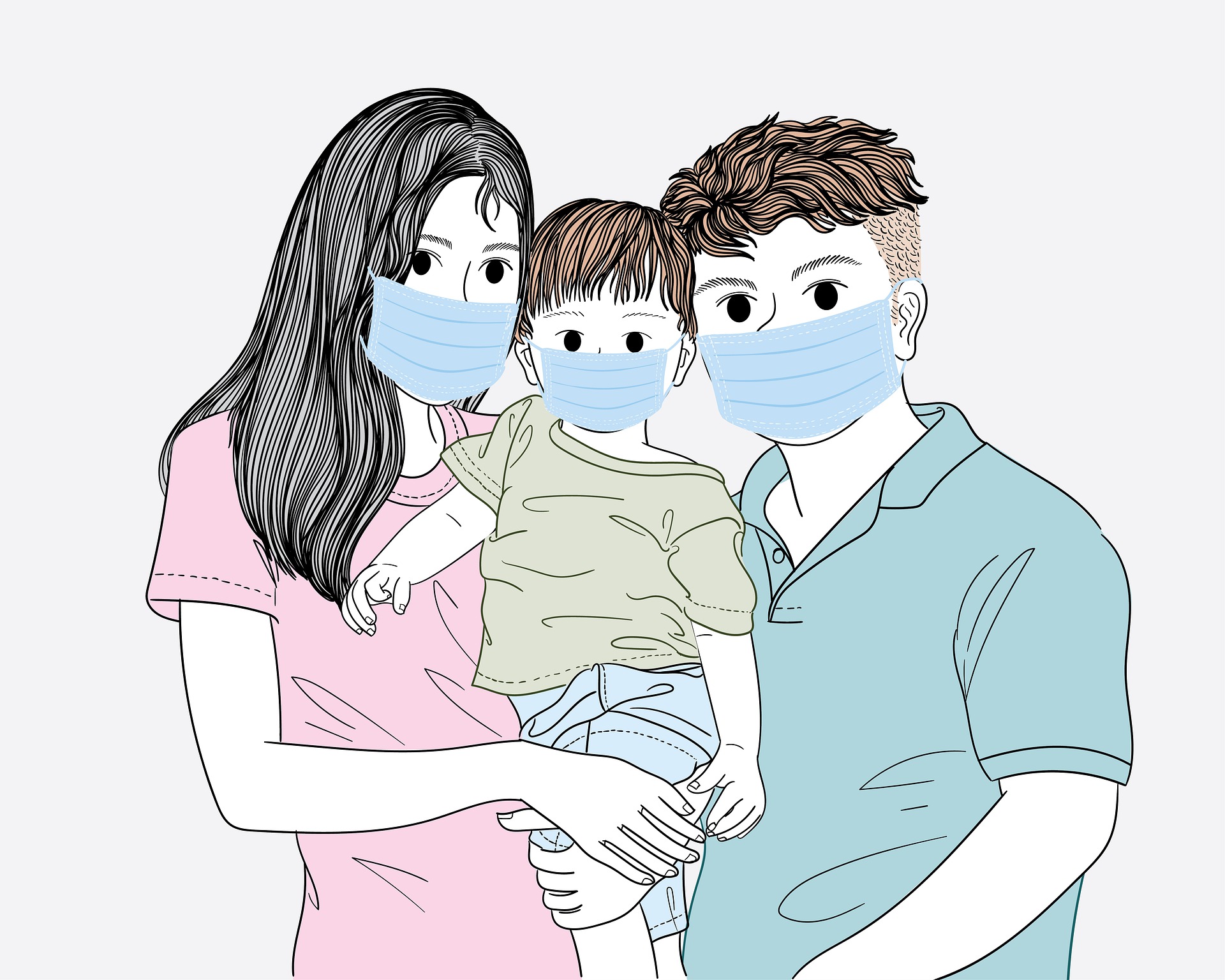 Rajzolt kép egy családról, akik maszkot viselnek