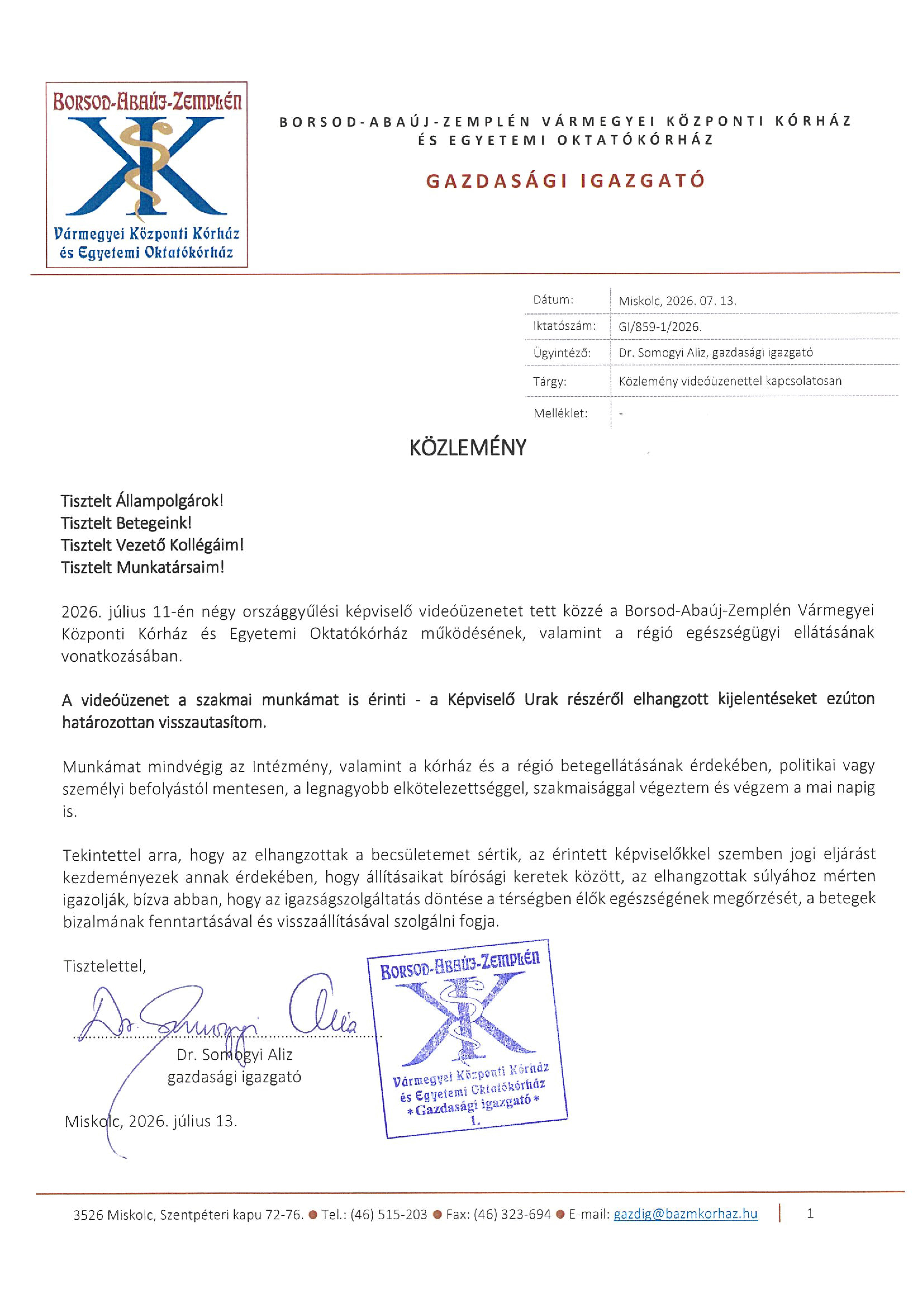 Közlemény videóüzenettel kapcsolatosan